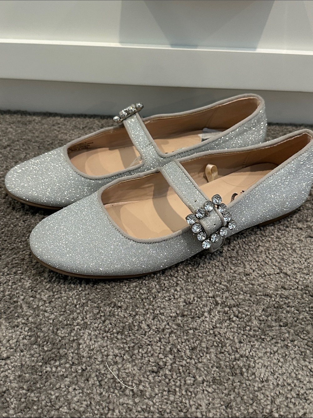 Delicious Silver Glitter Mary Jane Flats with Rhinestone Buckle
